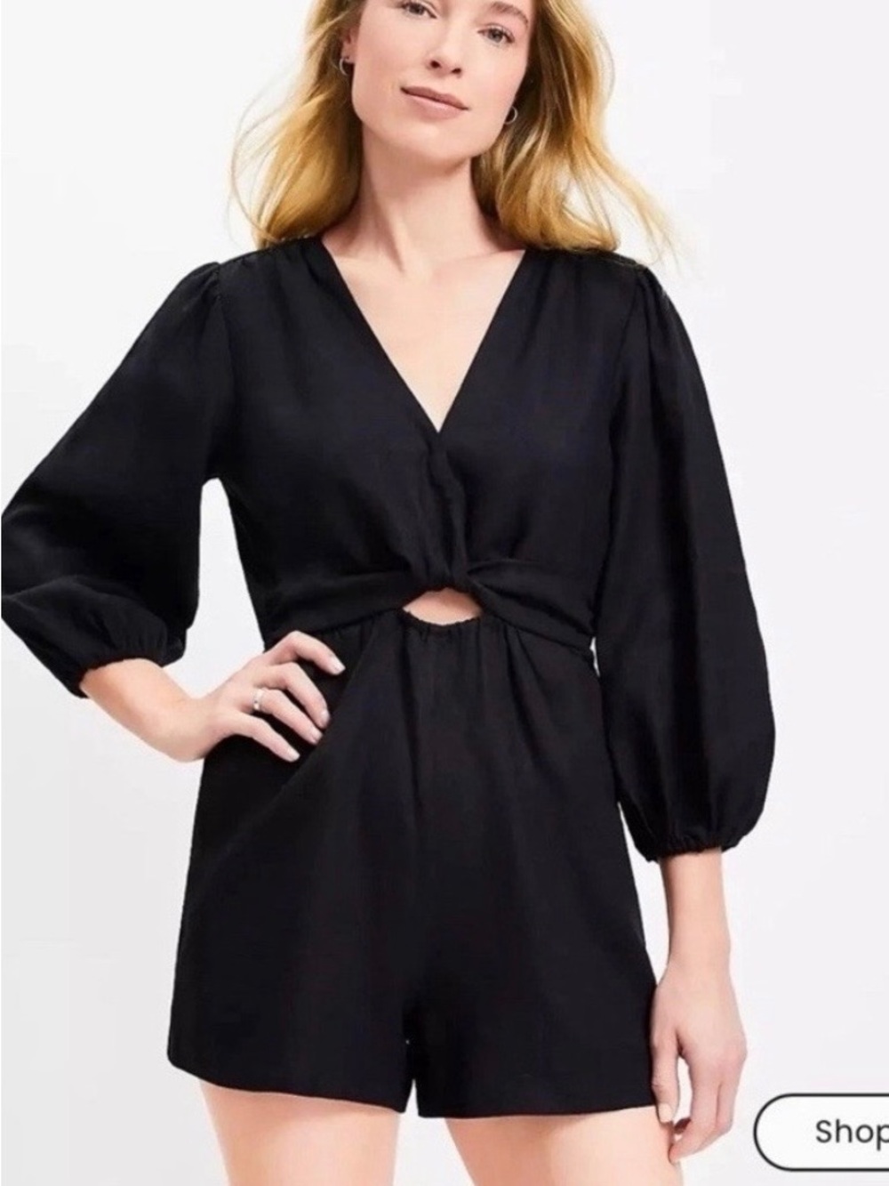LOFT Black V-Neck Twist-Waist Romper with Puff Sleeves